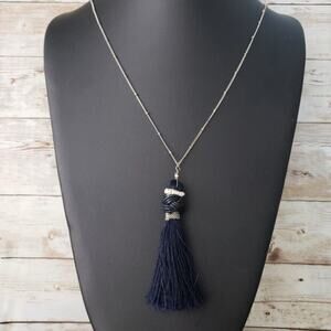 Vintage Necklace - Extra Long Silver Chain with Blue Tassel Pendant Statement